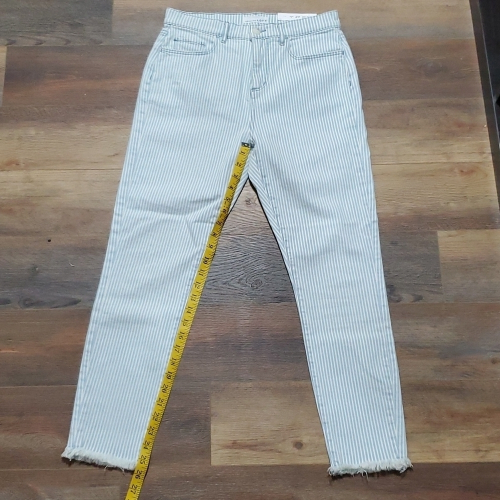 Loft high waist crop skinny pale blue white striped jeans with raw hem NWT